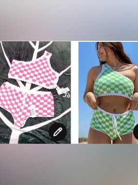 Frankie’s Bikinis NWT SET Pink Checkers Crochet Bikini Ingred Top